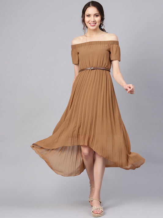 Women's Brown Off Shoulder High Low Belted Pleated Dress