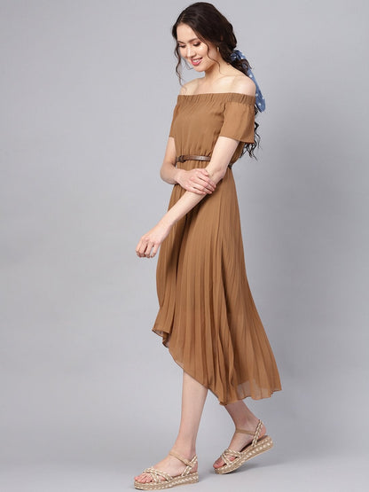 Women's Brown Off Shoulder High Low Belted Pleated Dress