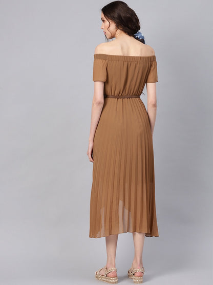 Women's Brown Off Shoulder High Low Belted Pleated Dress