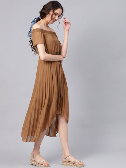 Women's Brown Off Shoulder High Low Belted Pleated Dress
