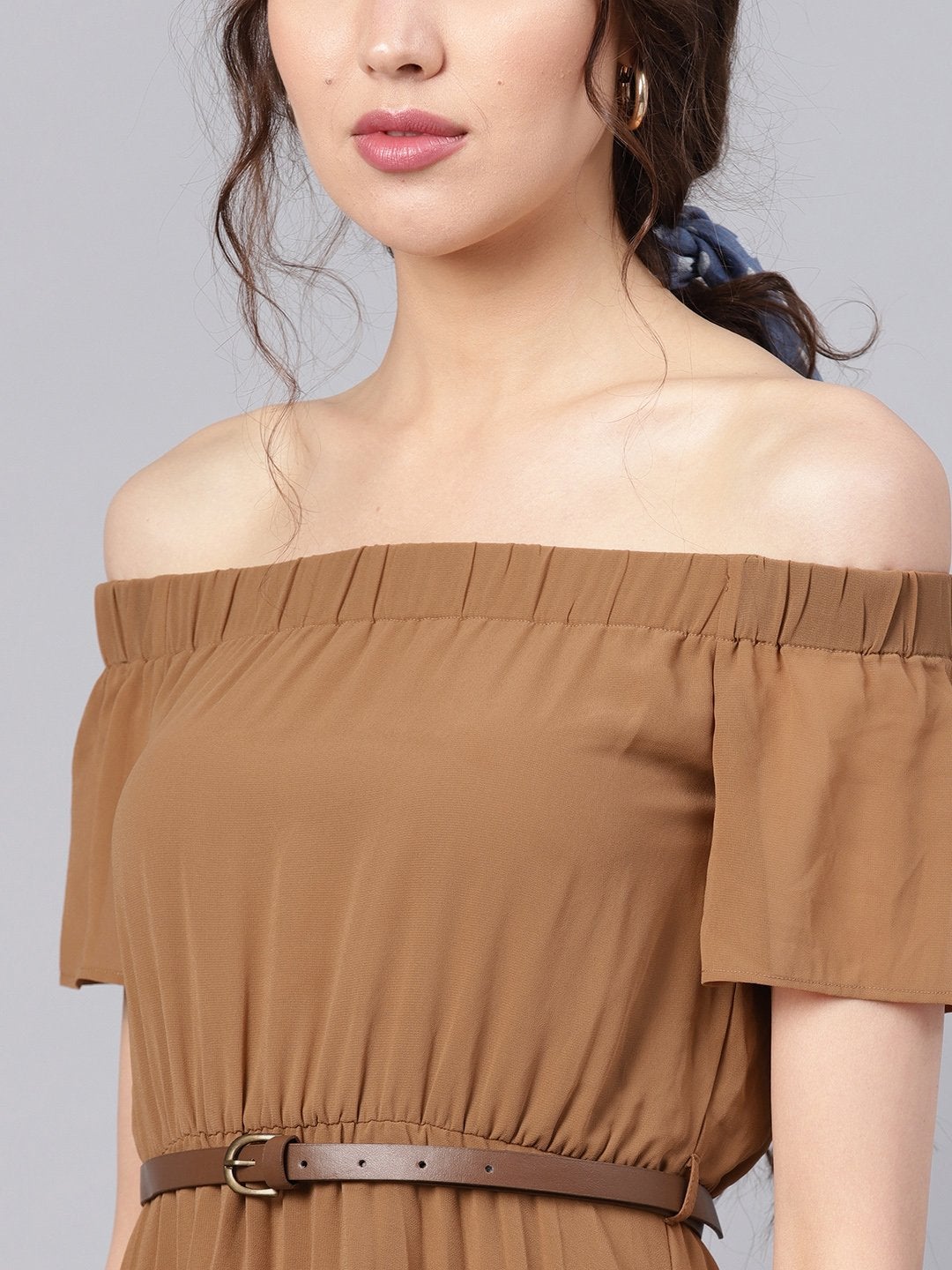 Women's Brown Off Shoulder High Low Belted Pleated Dress