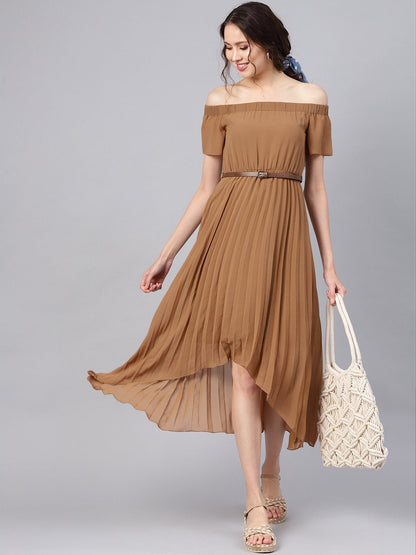 Women's Brown Off Shoulder High Low Belted Pleated Dress