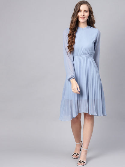 Women's Blue Mandrain Collar Pleated Skater Dress