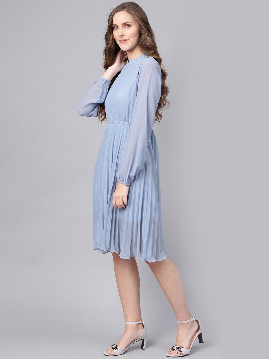 Women's Blue Mandrain Collar Pleated Skater Dress