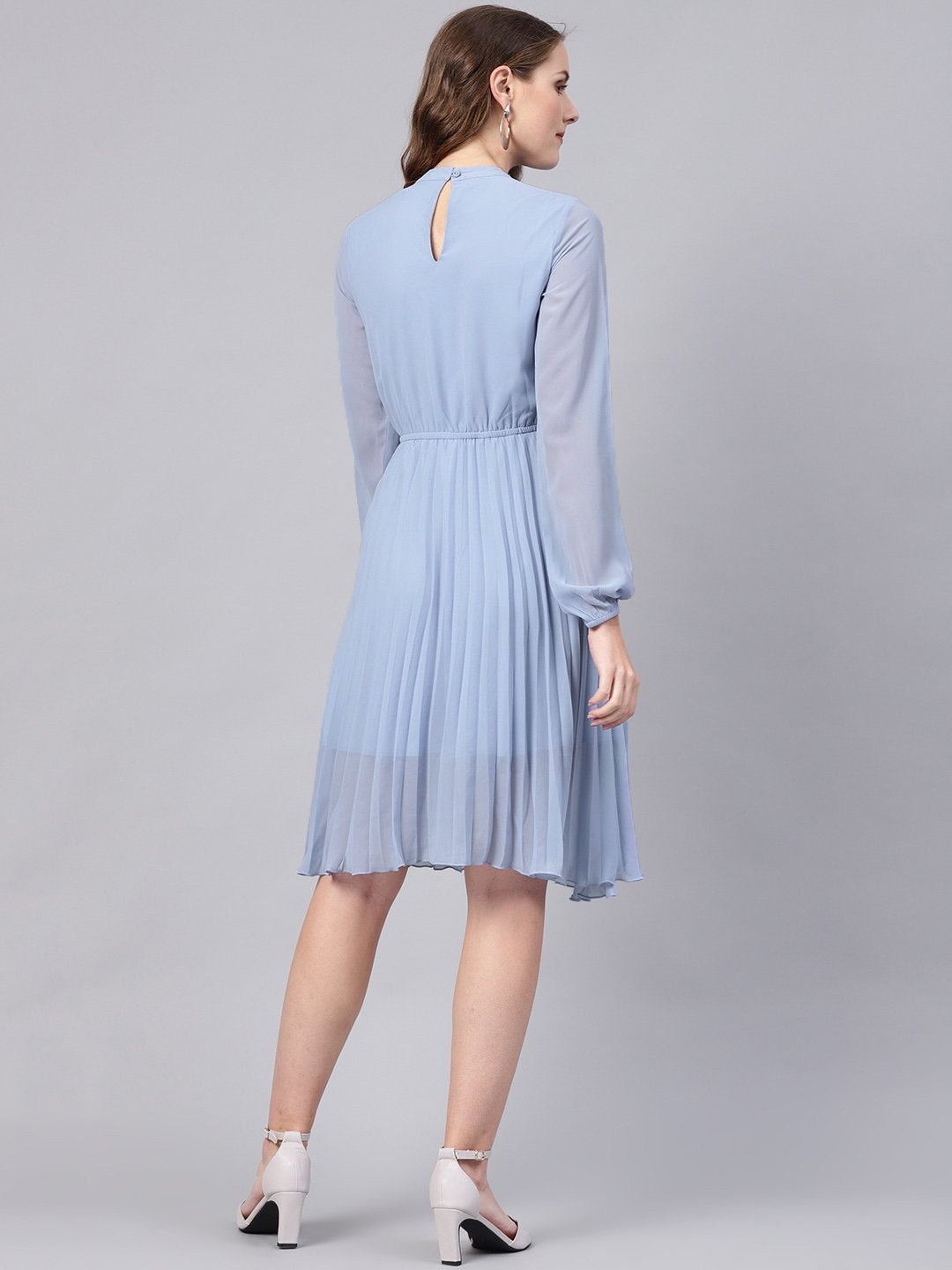 Women's Blue Mandrain Collar Pleated Skater Dress