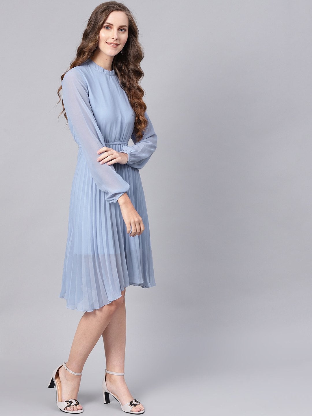 Women's Blue Mandrain Collar Pleated Skater Dress