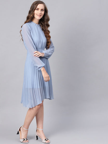 Women's Blue Mandrain Collar Pleated Skater Dress