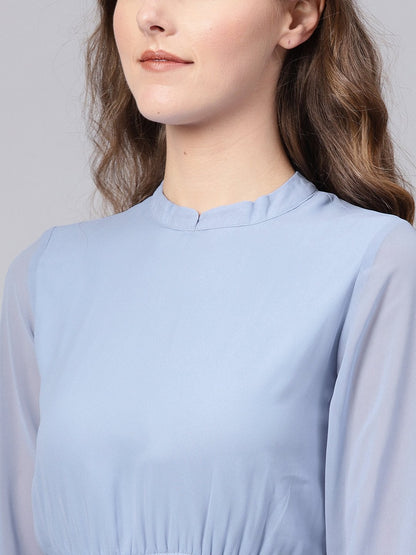 Women's Blue Mandrain Collar Pleated Skater Dress
