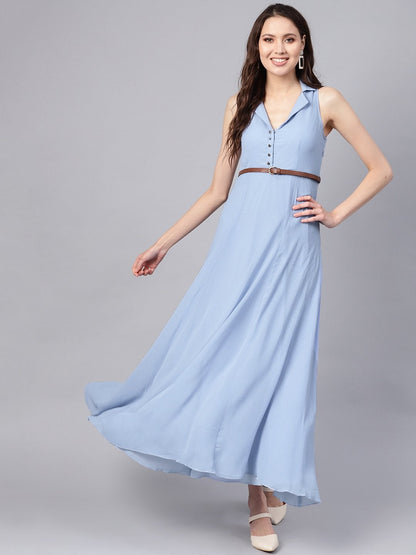 Women's Blue Notched Collar Belted Maxi