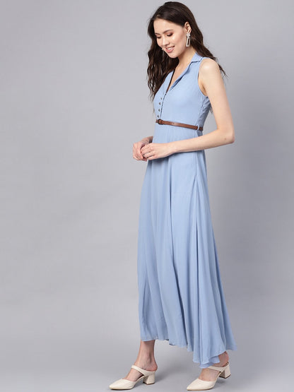Women's Blue Notched Collar Belted Maxi