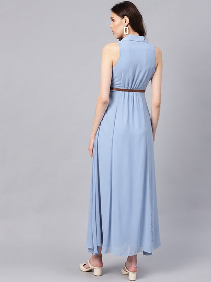 Women's Blue Notched Collar Belted Maxi