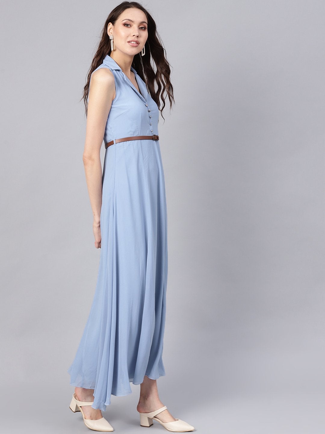 Women's Blue Notched Collar Belted Maxi