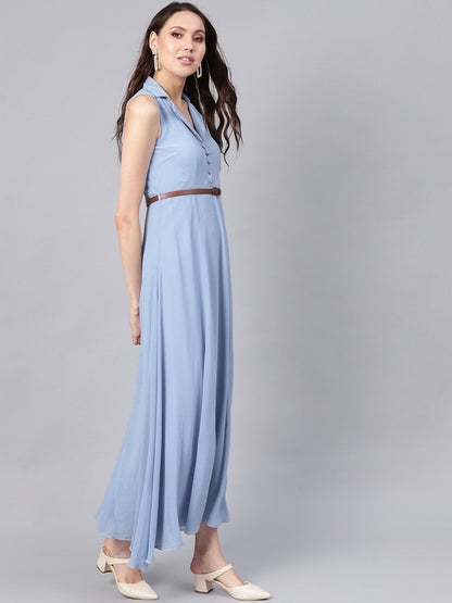 Women's Blue Notched Collar Belted Maxi