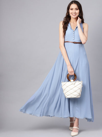Women's Blue Notched Collar Belted Maxi