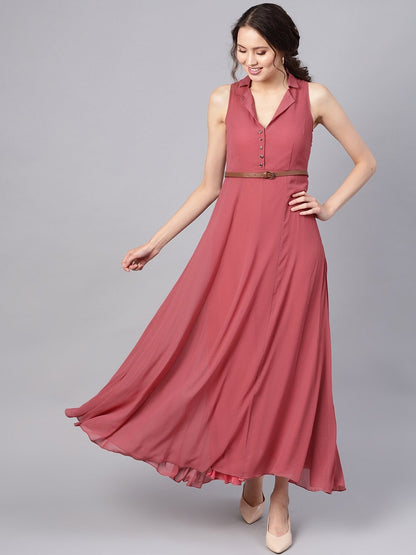 Women's Rose Pink Notched Collar Belted Maxi