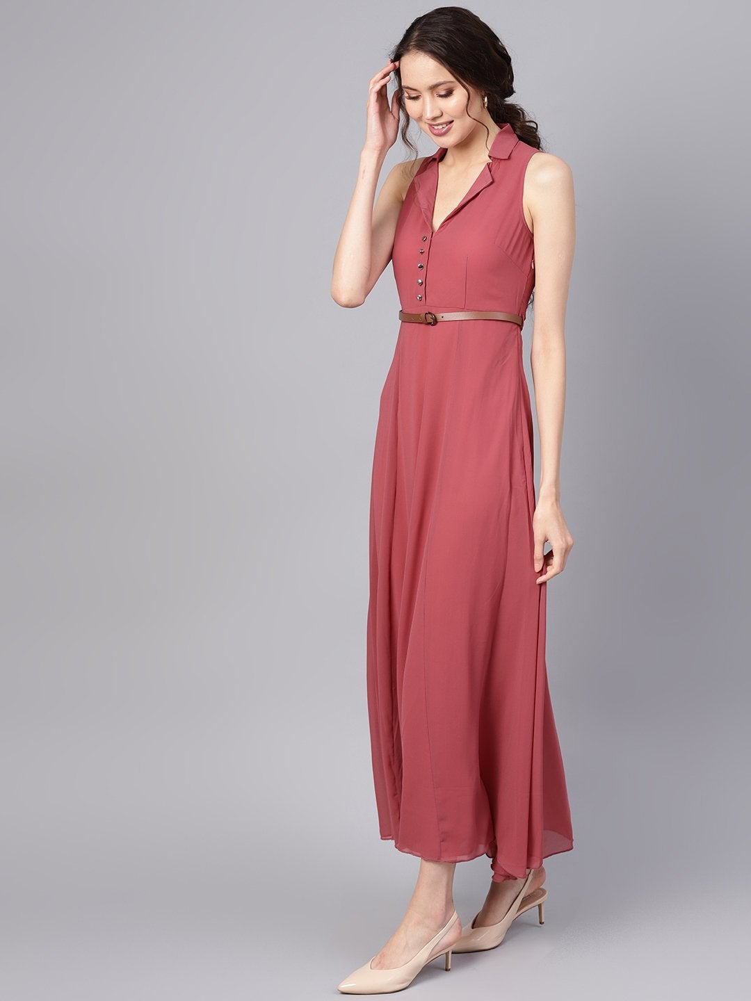 Women's Rose Pink Notched Collar Belted Maxi