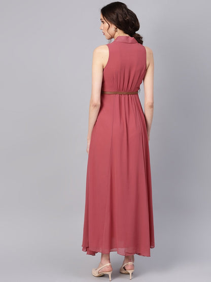 Women's Rose Pink Notched Collar Belted Maxi