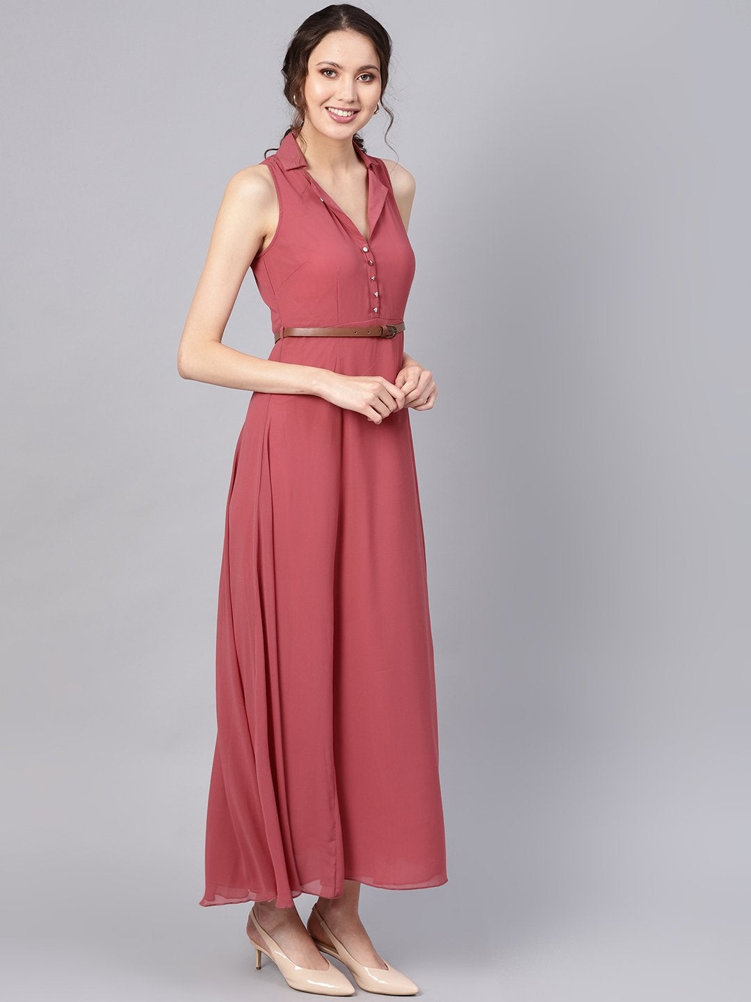 Women's Rose Pink Notched Collar Belted Maxi