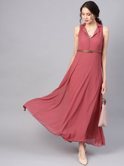 Women's Rose Pink Notched Collar Belted Maxi