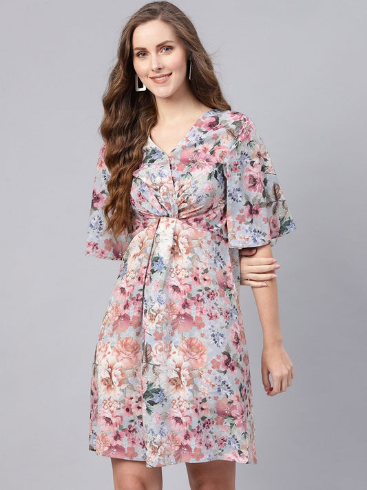 Women's Grey Floral Knot Front Dress