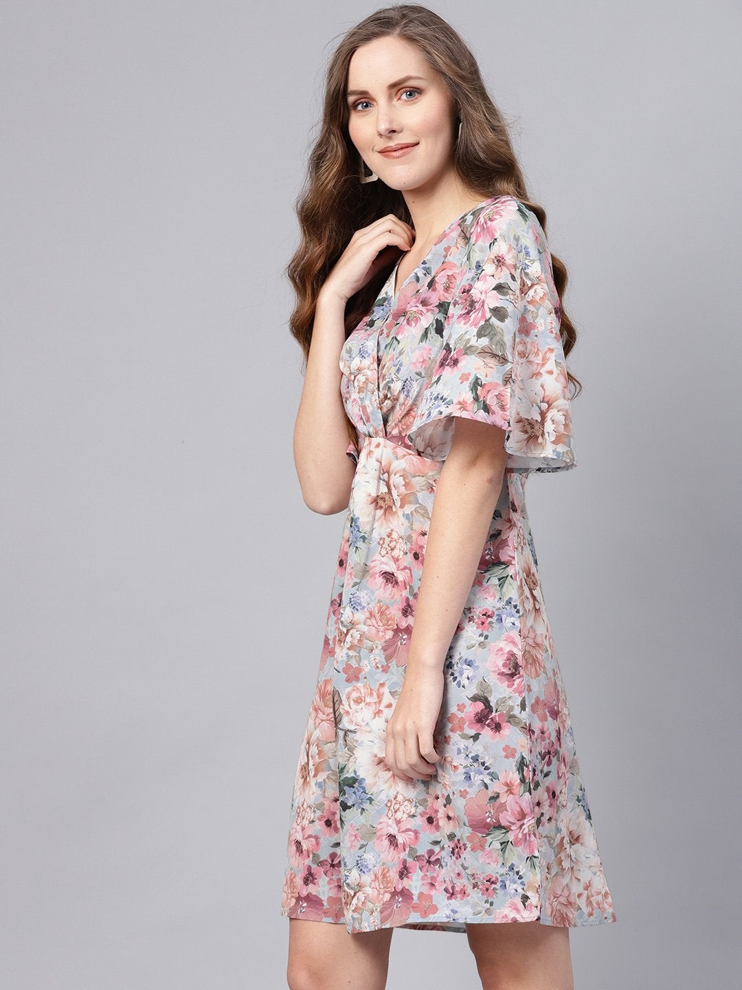 Women's Grey Floral Knot Front Dress