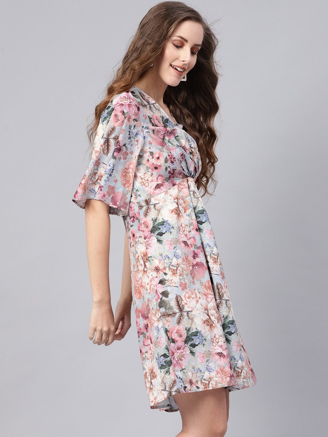 Women's Grey Floral Knot Front Dress