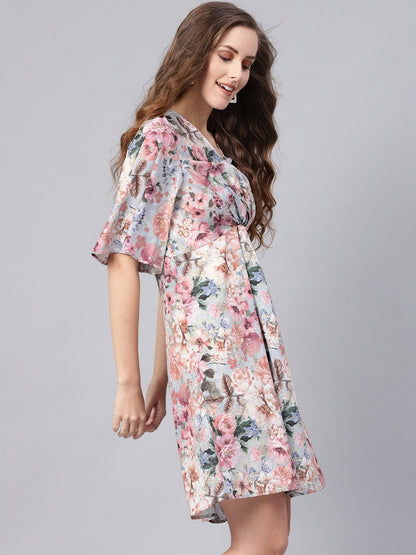 Women's Grey Floral Knot Front Dress