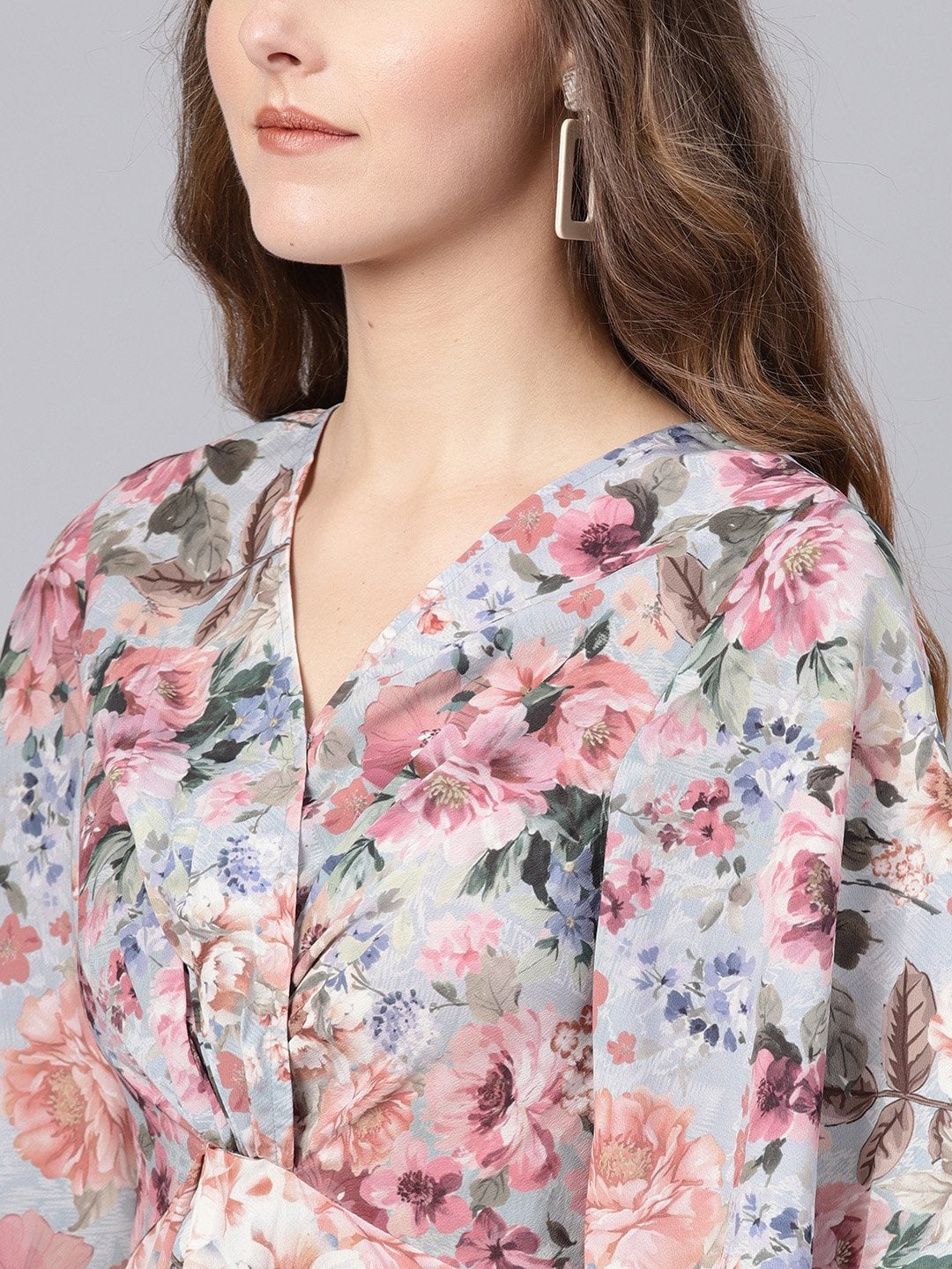 Women's Grey Floral Knot Front Dress