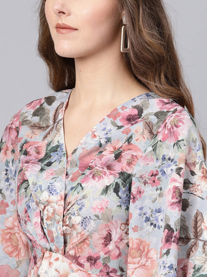 Women's Grey Floral Knot Front Dress