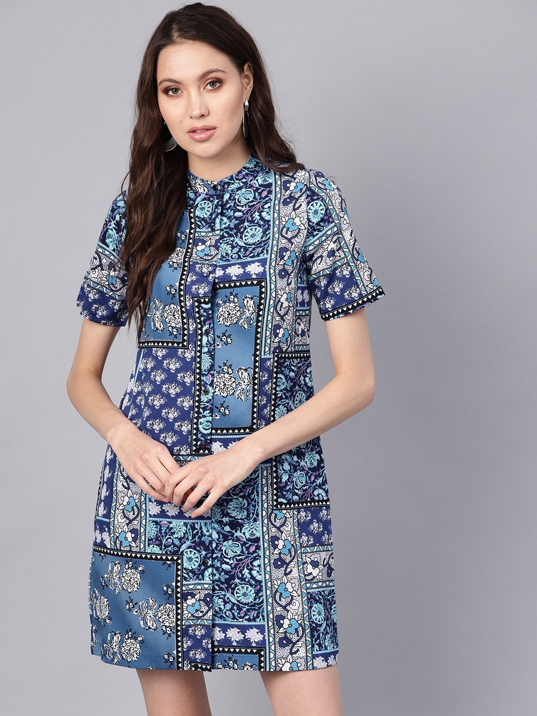 Women's Blue Floral Placket Shirt Dress