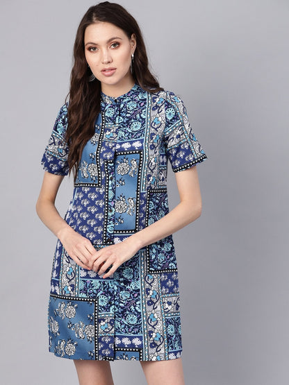 Women's Blue Floral Placket Shirt Dress