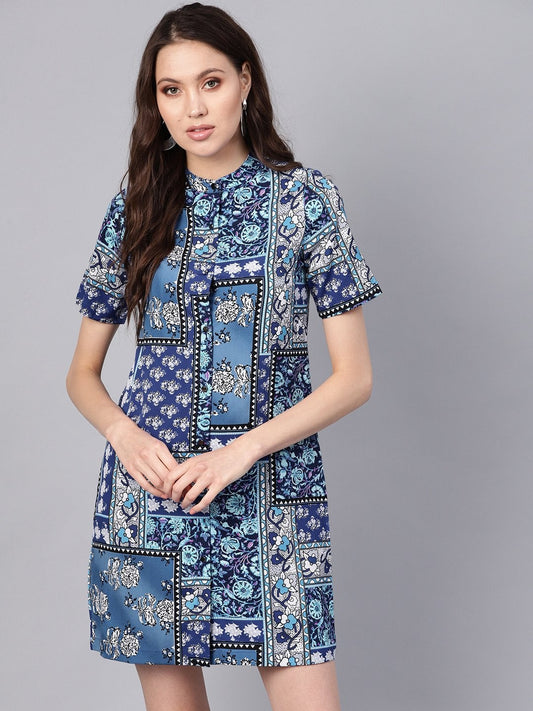 Women's Blue Floral Placket Shirt Dress