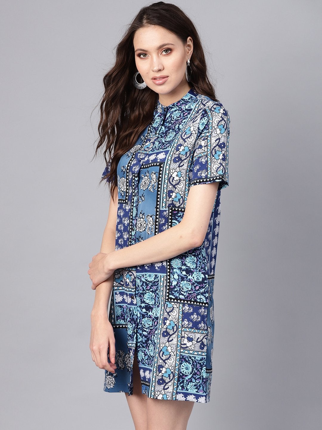 Women's Blue Floral Placket Shirt Dress
