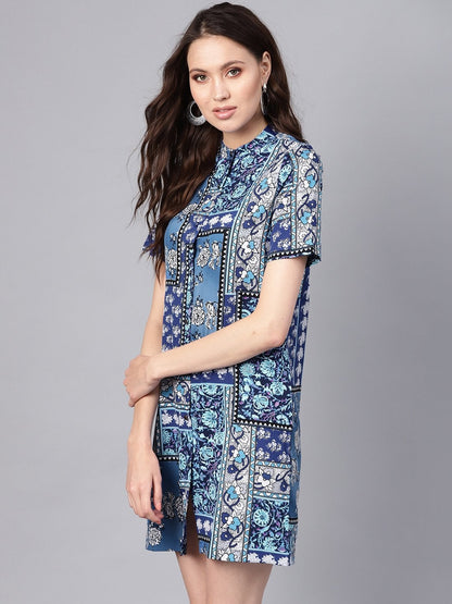 Women's Blue Floral Placket Shirt Dress