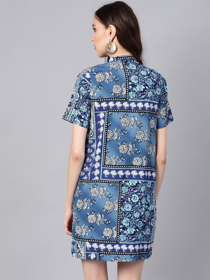 Women's Blue Floral Placket Shirt Dress