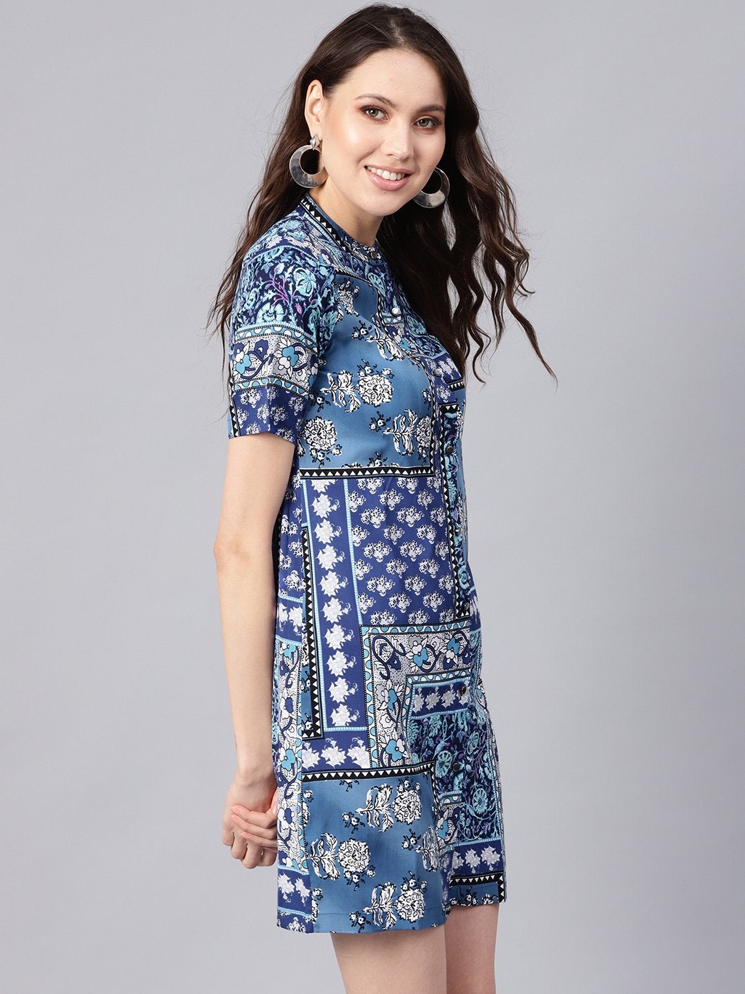 Women's Blue Floral Placket Shirt Dress