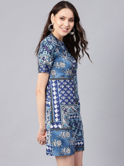 Women's Blue Floral Placket Shirt Dress