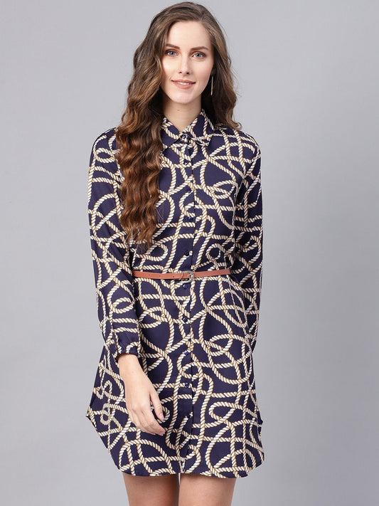 Women's Navy Linked Print Belted Shirt Dress