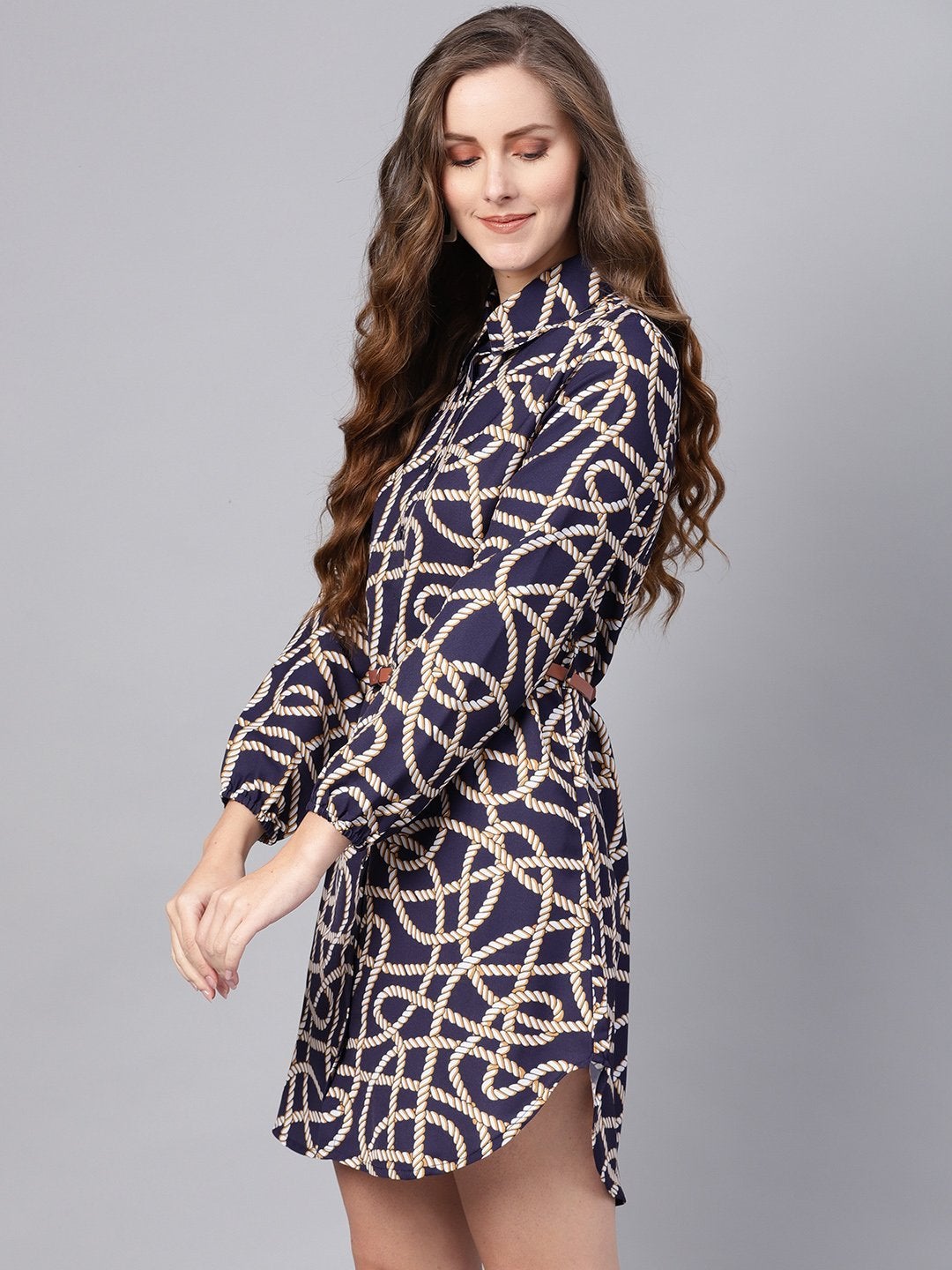 Women's Navy Linked Print Belted Shirt Dress