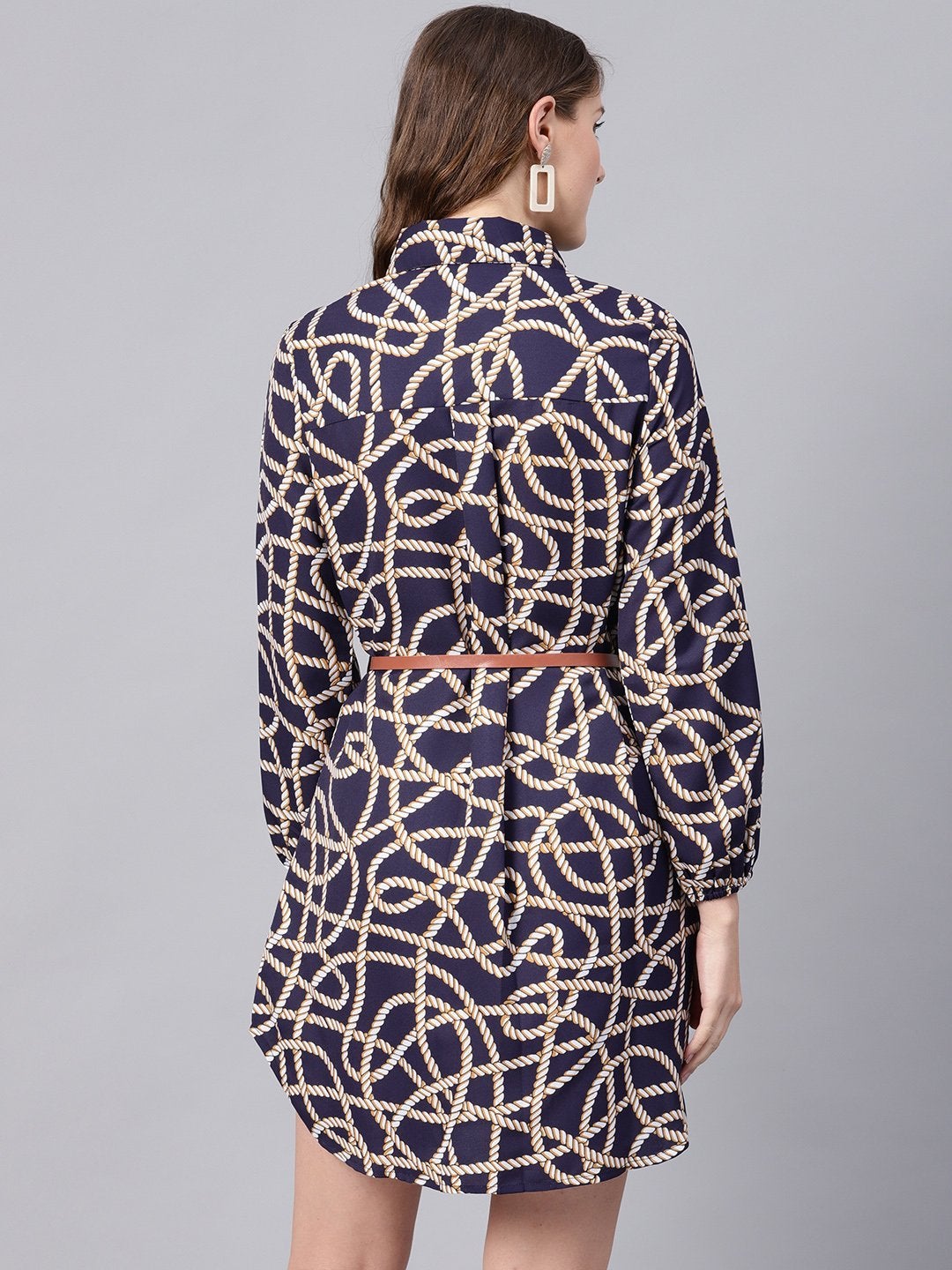 Women's Navy Linked Print Belted Shirt Dress