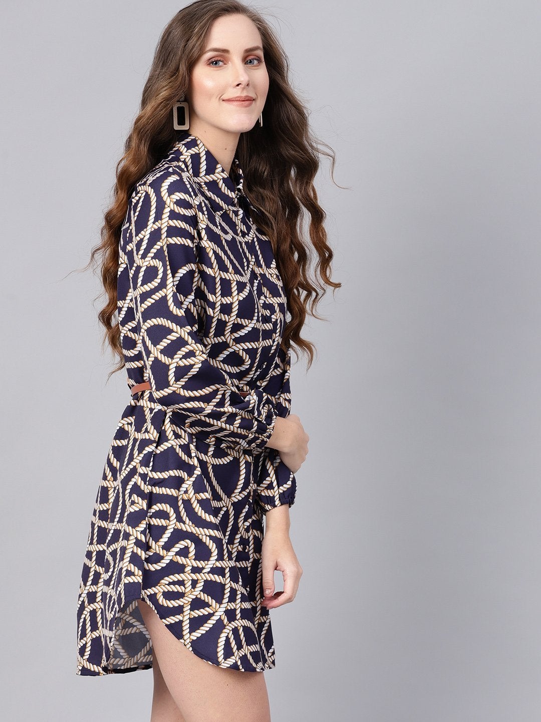 Women's Navy Linked Print Belted Shirt Dress