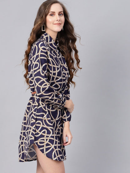 Women's Navy Linked Print Belted Shirt Dress