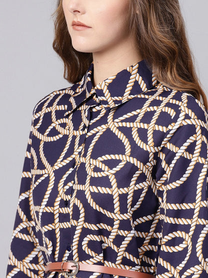 Women's Navy Linked Print Belted Shirt Dress