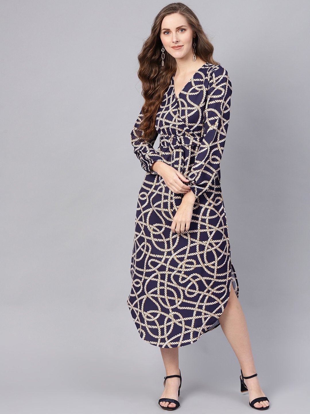 Women's Navy Linked Print Belted Wrap Dress
