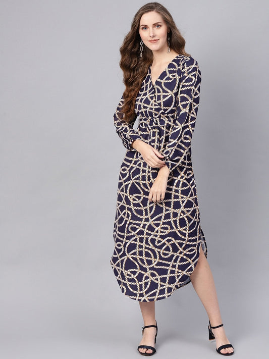 Women's Navy Linked Print Belted Wrap Dress