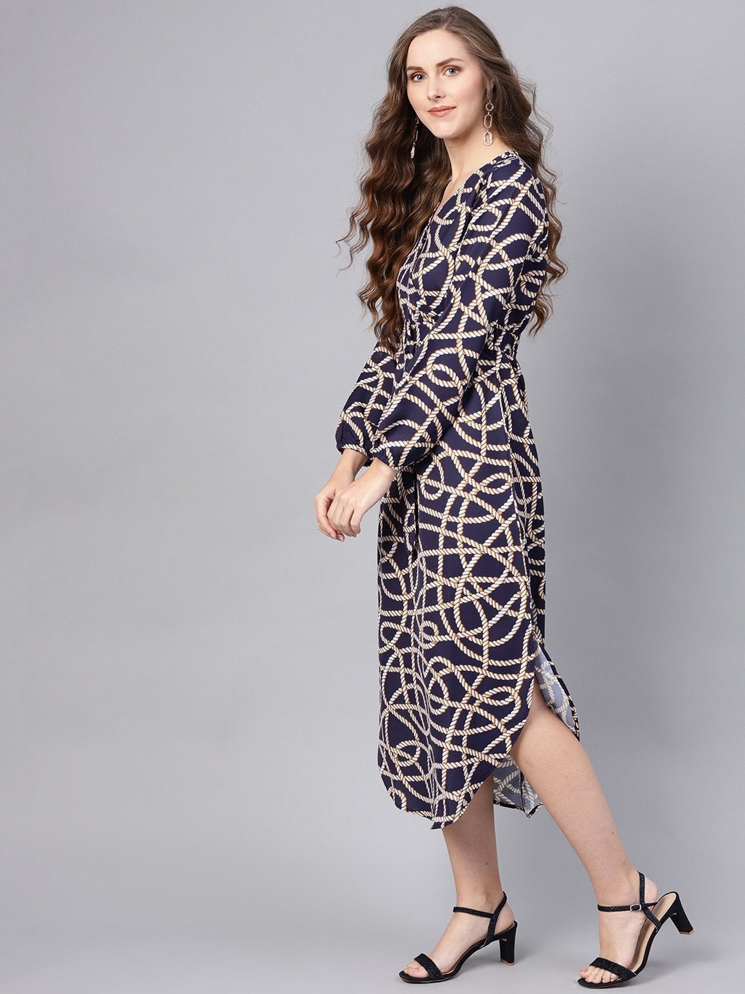 Women's Navy Linked Print Belted Wrap Dress