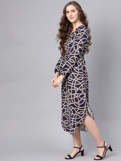 Women's Navy Linked Print Belted Wrap Dress