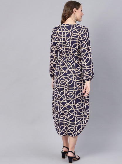 Women's Navy Linked Print Belted Wrap Dress