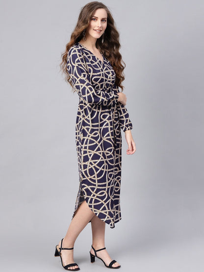 Women's Navy Linked Print Belted Wrap Dress