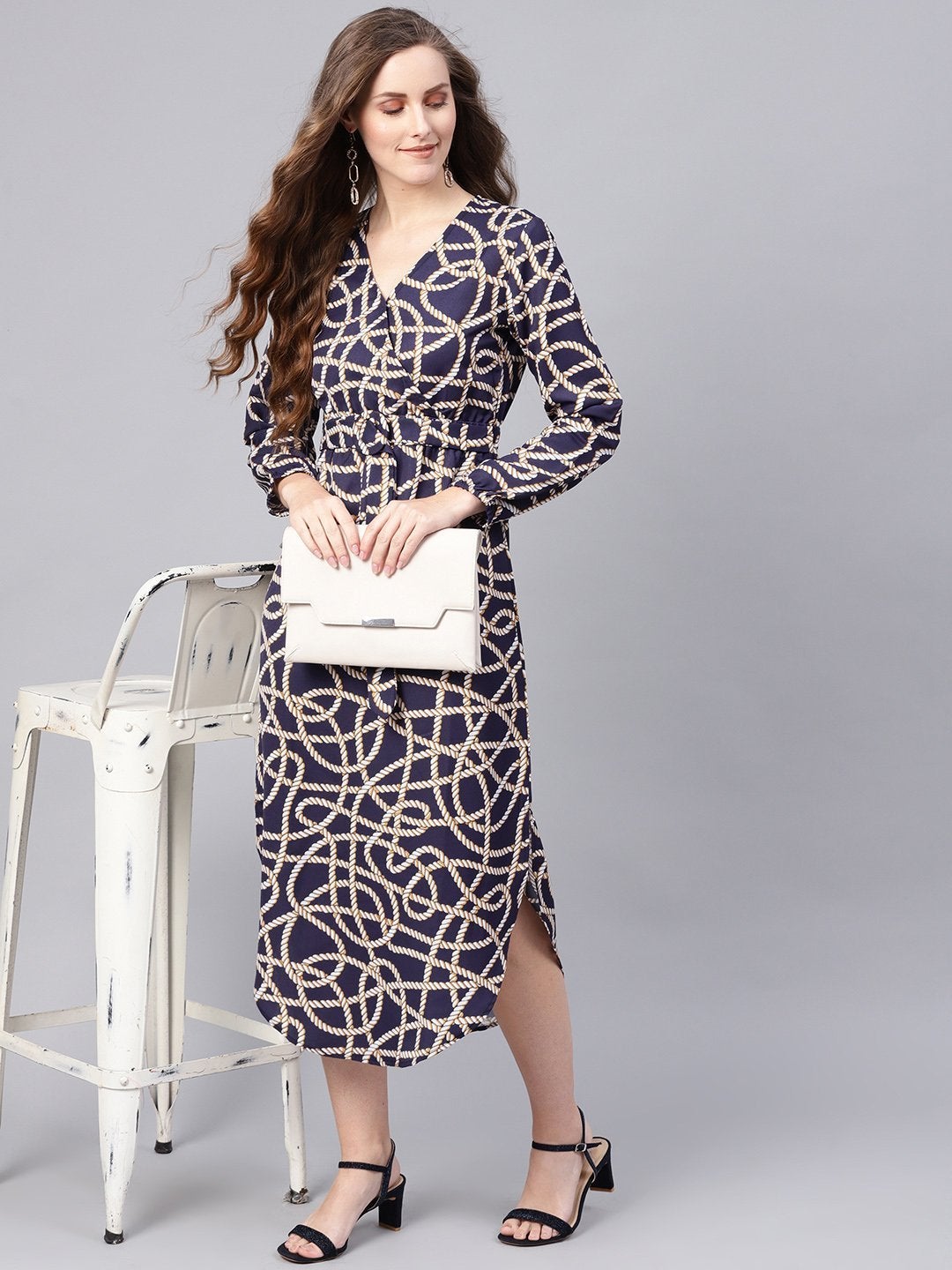 Women's Navy Linked Print Belted Wrap Dress